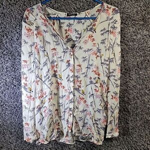 massimo dutti  Boho women's S 100% Silk Button Up Top Long Sleeve Floral Chiffon